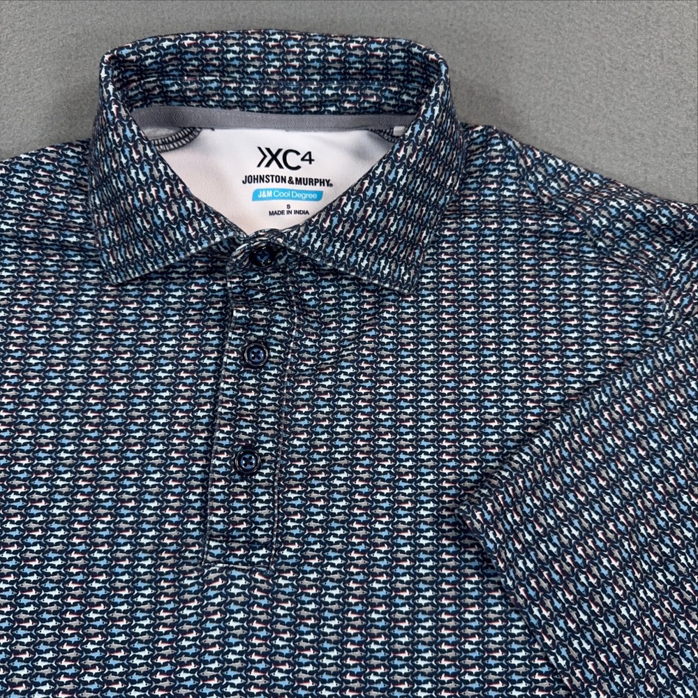 Johnston & Murphy XC4 Cool Degree Mens Small Navy Fish Print Golf Polo Shirt